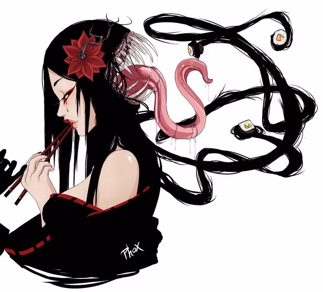 Futakuchi-onna (ma hai mồm) có hình hài một phụ nữ với phần xương sọ phía sau tách rộng để lộ một cái mồm há ngoác. Những lọn tóc dài của con ma này có thể vươn ra như xúc tu của loài bạch tuộc để lấy thức ăn và đưa vào cái mồm háu đói. Theo mô tả, Futakuchi-onna có nguồn gốc từ những người phụ nữ lấy phải người chồng keo kiệt, bị bắt phải ăn uống kham khổ, cũng có khi là một người phụ nữ để mặc con riêng của chồng chết đói trong khi mình vẫn no đủ.