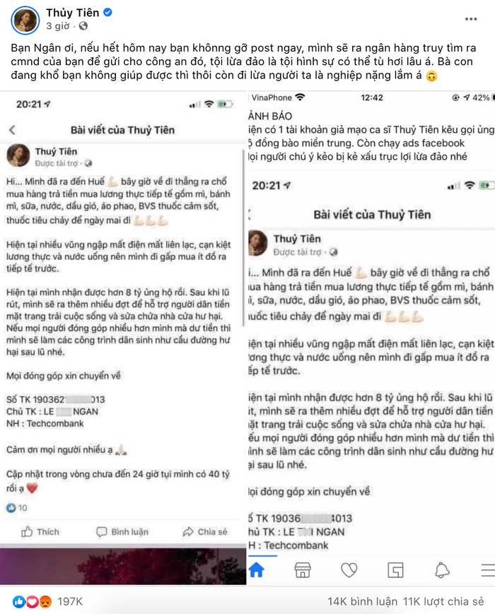 Thuy Tien bi ke xau gia mao tai khoan de lua tien quyen gop