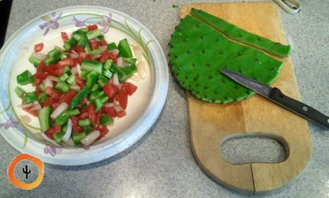 Salad xương rồng cũng rất dễ ăn. Với món này nên chọn những ngọn xương rồng non. Sau đó, lấy dao gọt hết vỏ, hết gai xương rồng. Cắt lá ra thành những miếng nhỏ hạt lựu. Tiếp tục cho vào nồi nước và đun sôi khoảng 20 phút.