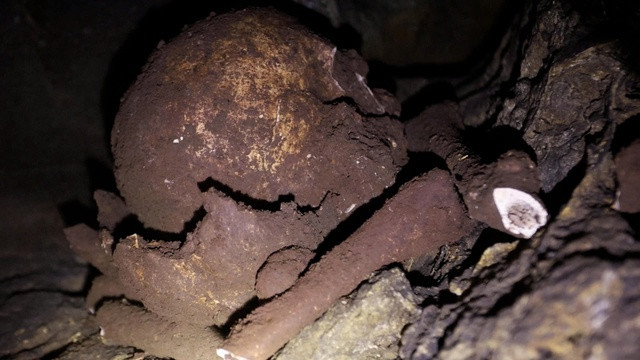 Được biết, ngoài phát hiện các bộ xương người, tại hang đá, người dân còn phát hiện nhiều vỏ ốc, mảnh gốm vỡ. Ảnh: Một bộ xương với vết gãy còn rất mới