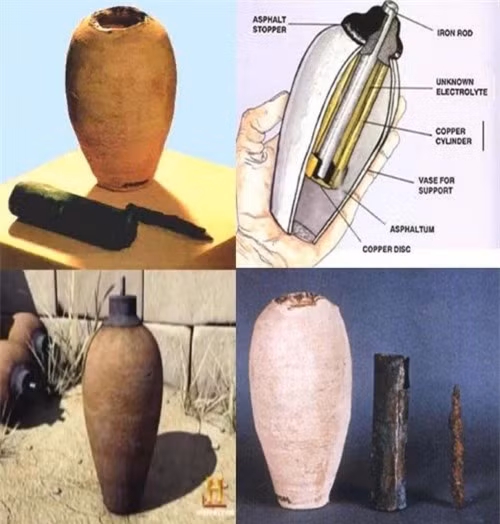  2. Lọ pin Baghdad: Có vẻ như người Mesopotamia ở vùng sông Lưỡng Hà là những người tiên phong trong lĩnh vực sản xuất năng lượng dự trữ được. Pin Baghdad là một bình chứa cao 13 cm, với một thanh sắt bị ăn mòn nằm bên trong, có phần đầu nhô ra ngoài miệng bình. Bao quanh thanh sắt đó là một chiếc ống bằng đồng, trong đó có một xi-lanh và một thanh sắt khác. Sau khi xem xét qua kết cấu, các nhà khảo cổ cho biết đây là pin của người cổ đại, có khả năng tạo ra dòng điện 1 volt. Theo một giả thuyết, loại pin này được sử dụng để mạ vàng. Tuy nhiên, các chuyên gia không hiểu tại sao công nghệ này lại bị lãng quên, và không tìm thấy những vật tương tự ở khu vực xung quanh. 