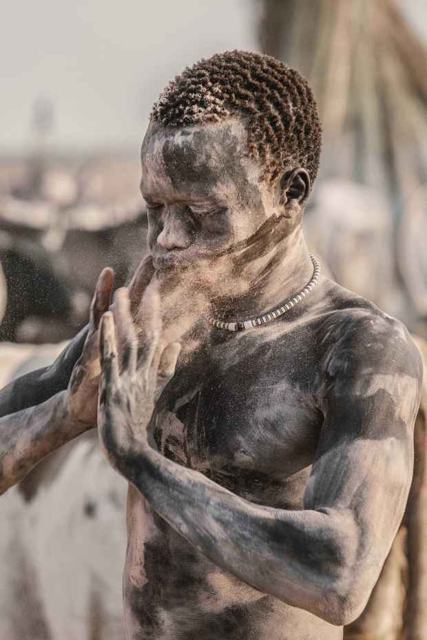 Qua ống kính của nhiếp ảnh gia Trevor Cole đến từ Londonderry, Bắc Ireland, một cậu bé thuộc bộ tộc Mundari ở Nam Sudan phủ đầy tro đốt từ phân bò Ankole Watusi lên người mình, trong khi một chàng trai trẻ trải đều phân trên mặt đất, một người khác đang dùng nước tiểu bò tắm ướt người. Cư dân vùng này chủ yếu chăn bò Ankole Watusi, khi trưởng thành, cặp sừng của giống bò này có thể dài đến 1,8 m.