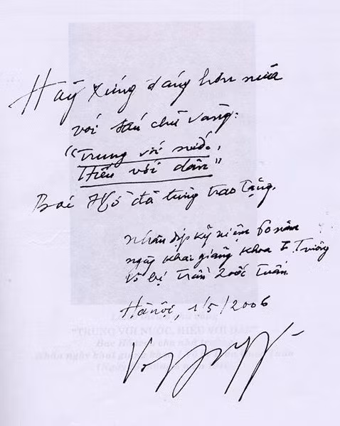 Bút tích của Đại tướng nhân dịp kỷ niệm 60 năm ngày khai giảng khóa I trường Võ bị Trần Quốc Tuấn.