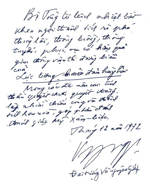 Di bút của Đại tướng Võ Nguyên Giáp khi thăm cán bộ, chiến sĩ bảo đảm hàng hải tháng 12/1972.