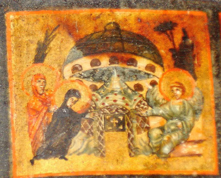 Bức họa có từ năm 700 ở Vatican vẽ cảnh Đức mẹ Maria bên ngôi mộ hình đĩa, lơ lửng trên bầu trời của chúa Giêsu.