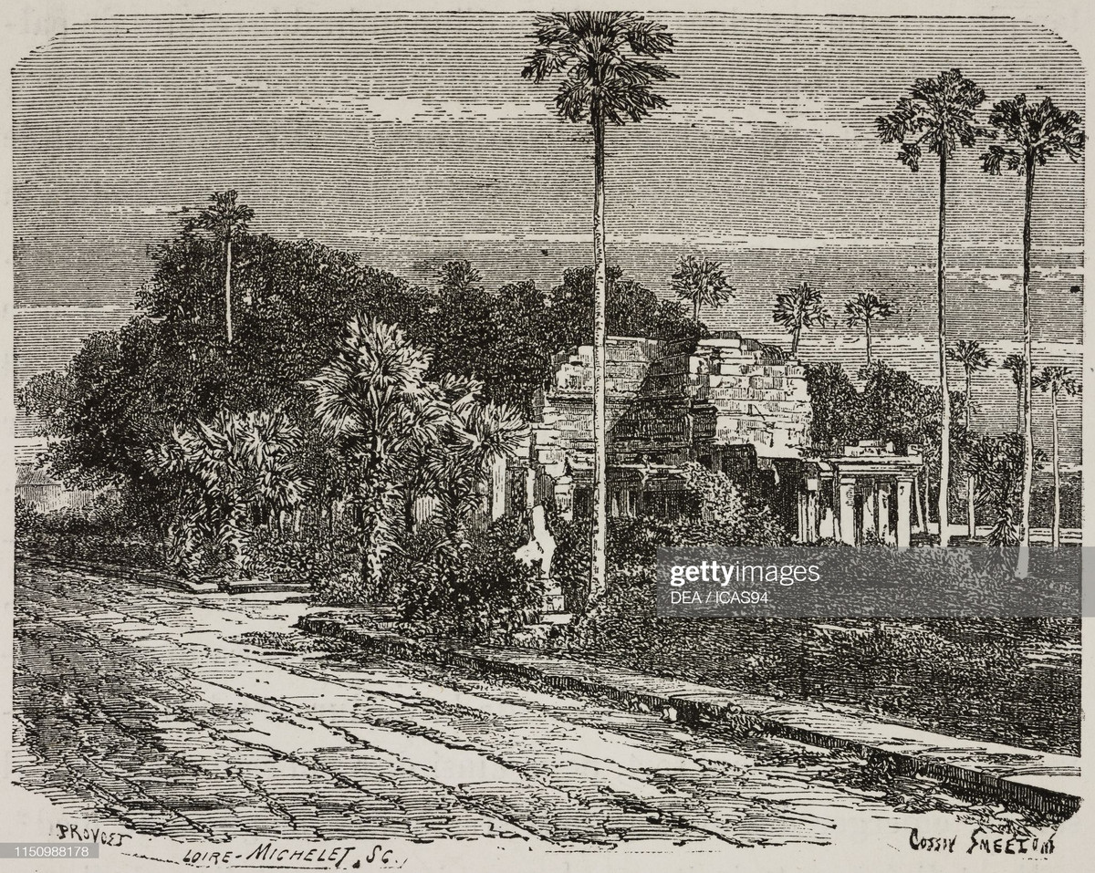 Khung cảnh trên trục đường chính dẫn vào khu đền tháp Angkor Wat, Campuchia năm 1880. Ảnh: Getty Images.