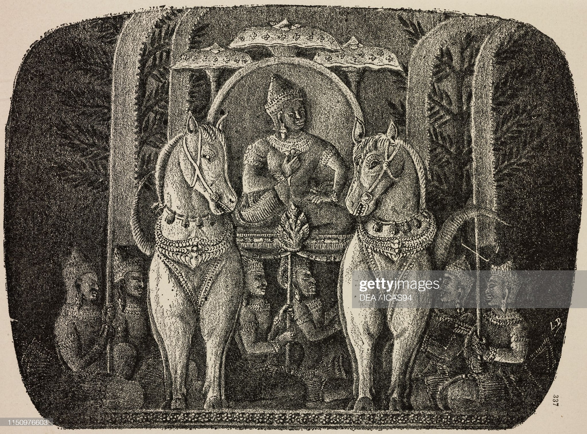 Bức phù điêu tại Angkor Wat thể hiện hình ảnh cỗ xe với hai con ngựa nhìn từ phía trước.