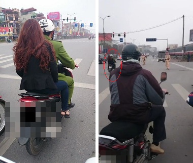 Công an đèo cô gái không đội mũ bảo hiểm, vượt đèn đỏ nhưng vẫn "được" CSGT bỏ qua, không xử lý.