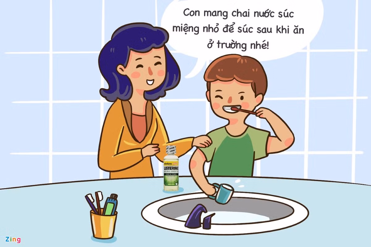  Dung dịch súc miệng diệt khuẩn: Trong hành trang trở lại trường của con, cha mẹ nên bổ sung một chai nước súc miệng Listerine nhỏ, giúp con có hơi thở thơm mát suốt 8-12 giờ ở trường dù phải đeo khẩu trang liên tục, đồng thời hạn chế hiệu quả sự xâm nhập của vi khuẩn vào vùng hầu họng, nhờ 4 loại tinh dầu tự nhiên có khả năng diệt 99,9% vi khuẩn sau 30 giây.