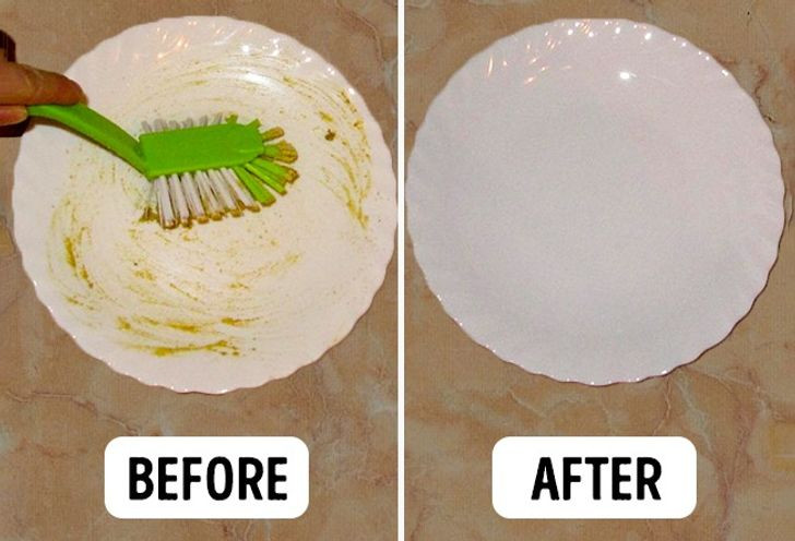 8. Làm cho bát đĩa sáng bóng: Mù tạt rất tốt trong việc tẩy rửa bát đĩa có dầu mỡ và cặn vôi. Chỉ cần đổ một ít mù tạt lên miếng bọt biển, và chà xát vào bát đĩa và cốc. Sau đó rửa sạch chúng dưới vòi nước. Vậy là xong – bát đĩa của bạn lại sáng bóng như mới.