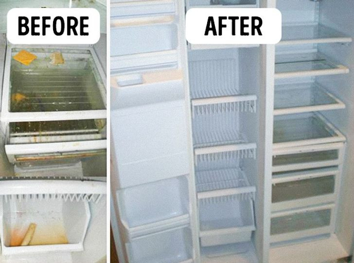 7. Vệ sinh tủ lạnh: Mẹo này sẽ giúp bạn rửa sạch và khử mùi bên trong tủ lạnh. Chỉ cần pha loãng 2 muỗng canh muối nở trong nước 1 lít nước. Nhúng khăn giấy mềm vào dung dịch này và lau tất cả các bề mặt bằng dung dịch này. Sau đó, các thành tủ lạnh sẽ được làm sạch dễ dàng bằng khăn giấy ướt. Đừng quên lau chúng thật khô sau đó.Đối với bên ngoài, tốt nhất bạn nên lau tủ lạnh bằng một miếng bọt biển nhúng nước xà phòng. Nhớ lau sạch mặt sau của tủ lạnh, nơi tích tụ nhiều bụi bẩn nhất. Sử dụng một chiếc bàn chải cho việc này - nó rất tốt trong việc loại bỏ bụi và mạng nhện.