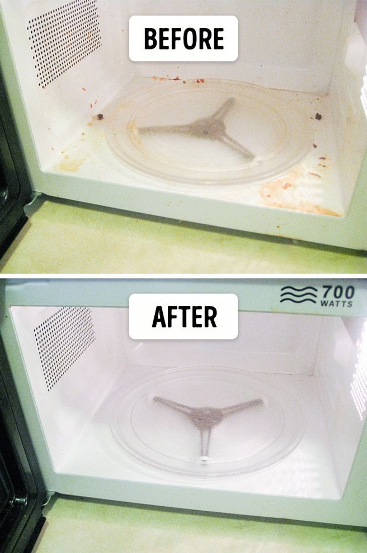  4. Làm sáng bóng lò vi sóng: Chuẩn bị dụng cụ gồm một cái bát đựng 300-500 ml nước, 2 muỗng canh giấm 9% hoặc 1 muỗng canh tinh chất giấm 70%. Cho bát nước vào lò vi sóng và bật trong 5 phút (hoặc tối đa 10-15 phút, tùy thuộc vào mức độ bẩn). Sau đó, chờ bát nước bốc hơi để làm tan bụi bẩn trên thành lò vi sóng, sau đó bắt đầu lau sạch lò vi sóng từ bên trong. Chú ý: Đừng quên đeo găng tay cao su.