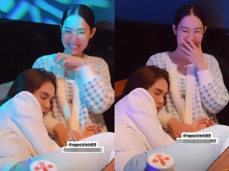 Trong ảnh là khoảnh khắc chân dài Trà Vinh "đánh chén" cùng hội bạn thân. Việc nhậu quá sung đã khiến Ngọc Trinh say bí tỉ, thậm chí gục ngủ trên người bạn.