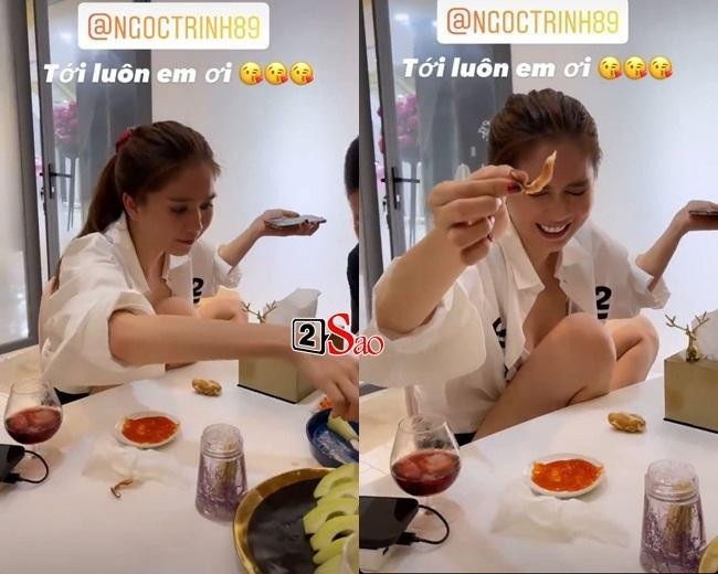 Ngoài sở thích ăn hàng, Ngọc Trinh có thú vui nhậu nhẹt. Cô và hội bạn thường xuyên tụ tập, từ tại gia, quán bar tới hè phố. Cảnh Ngọc Trinh vui hết mình trong bữa tiệc tại gia.