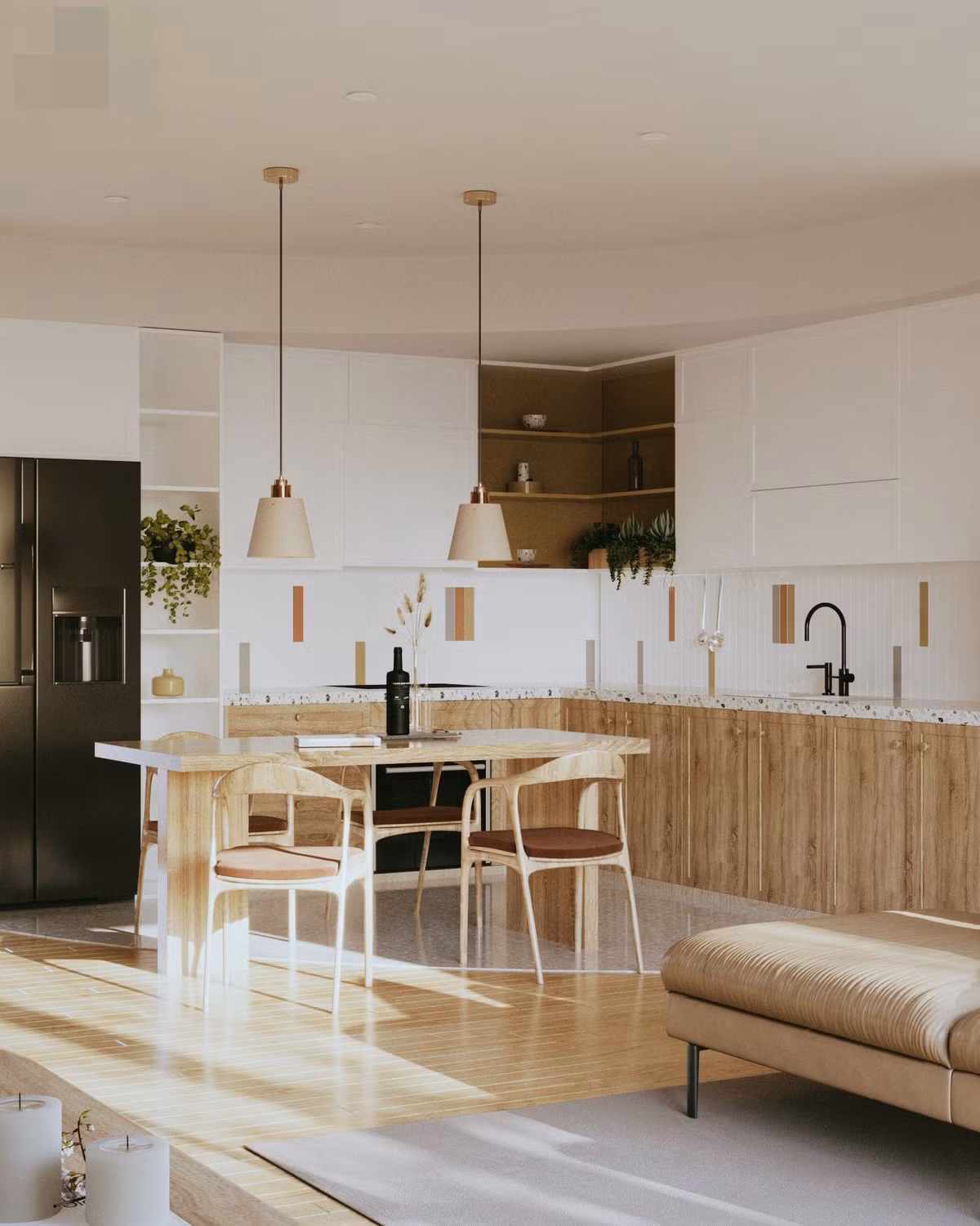 Màu gỗ vàng dễ chịu phủ cho bếp dưới, sàn nhà và bàn ăn. Kiến trúc sư bố trí khu vực sinh hoạt chung với sofa tiếp nối với góc ăn uống hàng ngày.