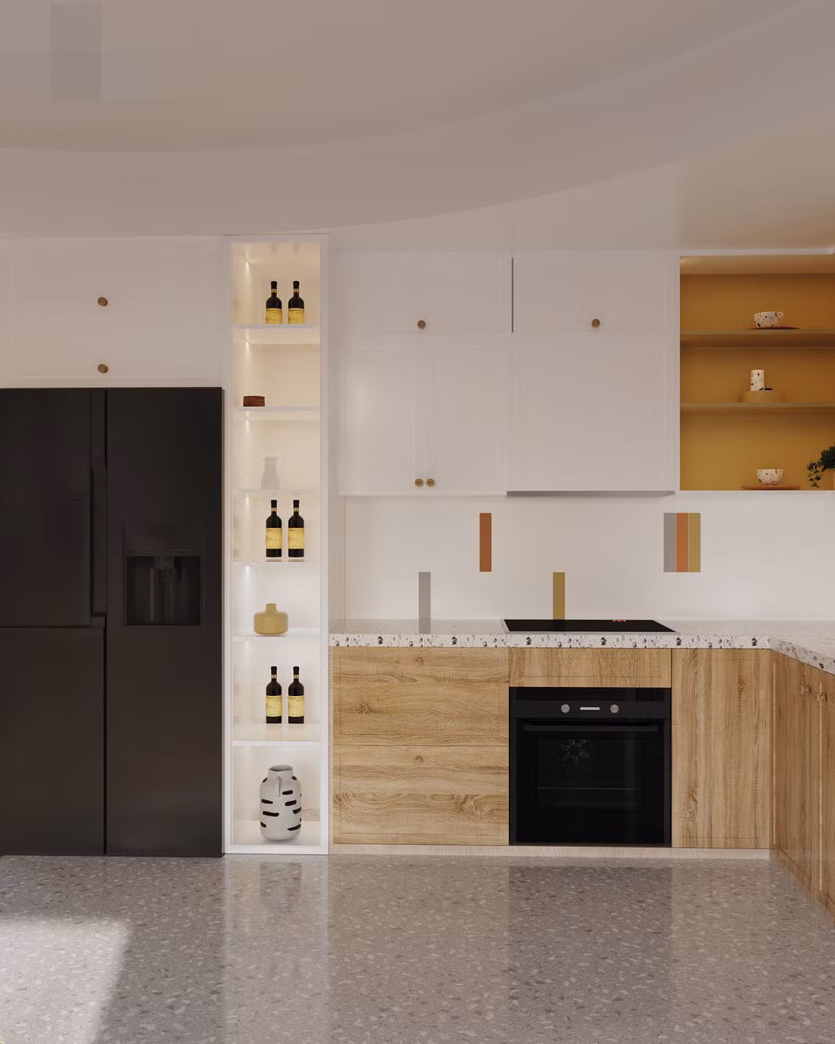 Tủ bếp màu trắng giúp góc nấu ăn rộng rãi hơn.