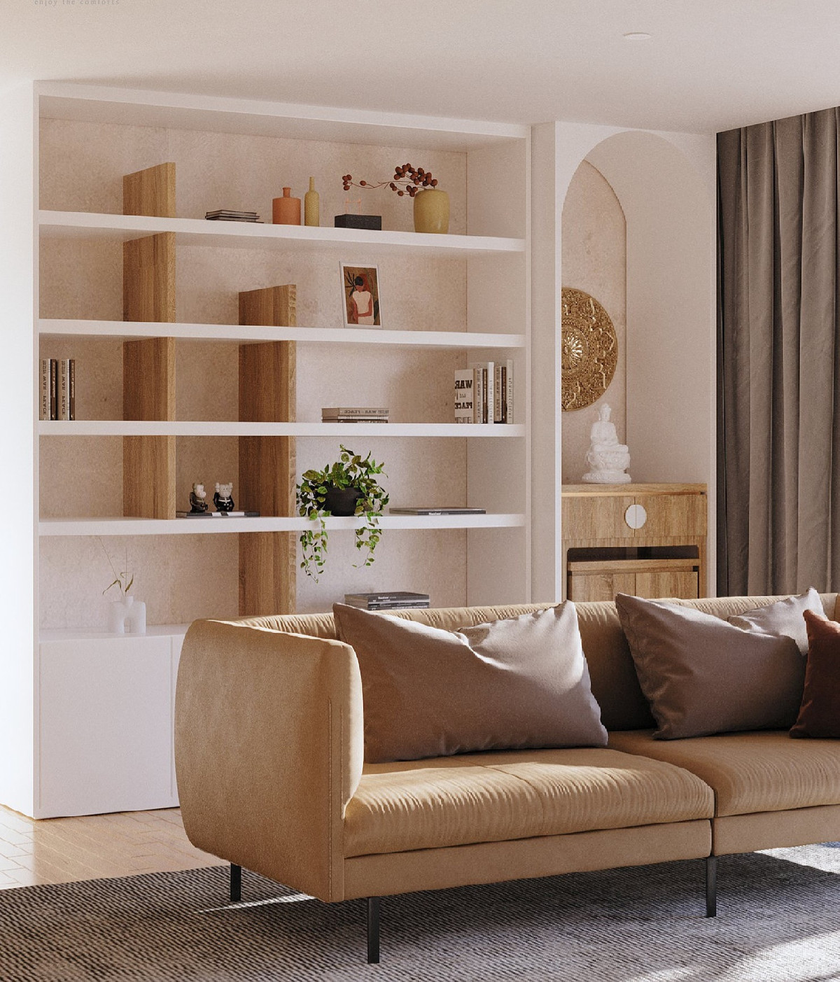 Kệ phía sau sofa có tác dụng trang trí và giảm bớt sự trống trải cho ngôi nhà.