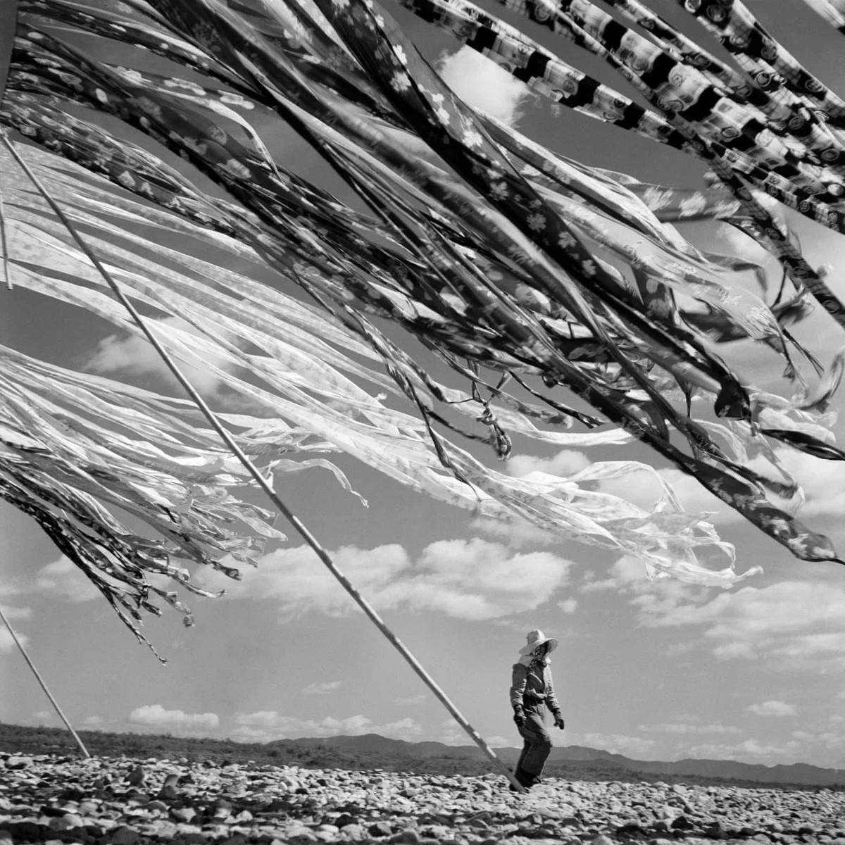 Ảnh chụp cảnh một phụ nữ Nhật Bản đang làm khô lụa tại Kyoto năm 1951. Thành phố này tới nay vẫn nổi tiếng vì những làng nghề truyền thống. Lụa ở đây được dùng để làm những bộ kimono đắt đỏ bậc nhất. Lối sống giữ gìn truyền thống nhưng vẫn tiếp nhận những thứ hiện đại, tiên tiến của người dân Nhật Bản khiến Bischof bị thu hút.