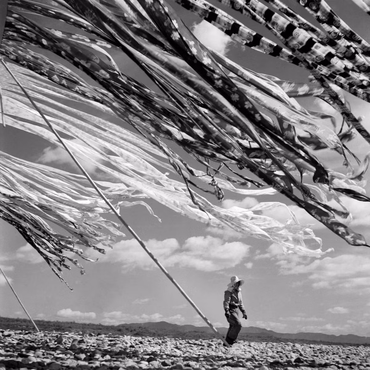 Ảnh chụp cảnh một phụ nữ Nhật Bản đang làm khô lụa tại Kyoto năm 1951. Thành phố này tới nay vẫn nổi tiếng vì những làng nghề truyền thống. Lụa ở đây được dùng để làm những bộ kimono đắt đỏ bậc nhất. Lối sống giữ gìn truyền thống nhưng vẫn tiếp nhận những thứ hiện đại, tiên tiến của người dân Nhật Bản khiến Bischof bị thu hút.