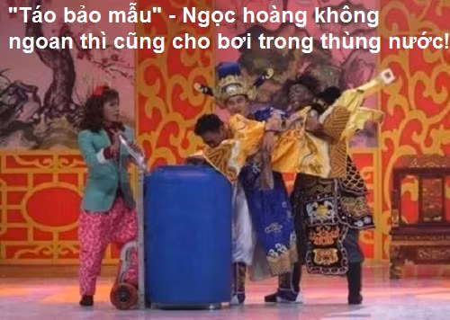 Hình ảnh tái hiện lại vụ bảo mẫu bạo hành trẻ em ở TP HCM với sự xuất hiện của Ngọc Hoàng, Nam Tào, Bắc Đẩu và Thiên Lôi.