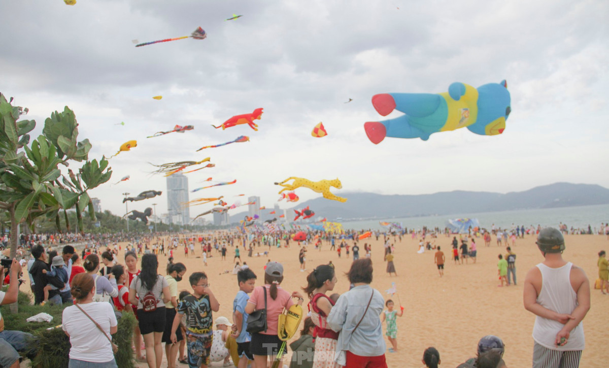 Rất đông người dân và du khách đổ về bãi biển Quy Nhơn nhìn ngắm hàng trăm con diều với tạo hình độc đáo bay trên bầu trời. Ảnh: Trương Định.