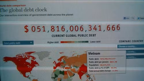 Đồng hồ nợ công thế giới (The global debt clock) điểm nợ công của Việt Nam là 76,706 tỉ USD. Ảnh: Chụp từ màn hình.