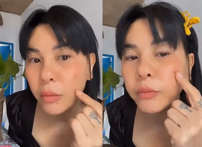 Trong những lần livestream, Cát Phượng còn tự khoe nếp nhăn, đốm mụn, vết thâm trên làn da.