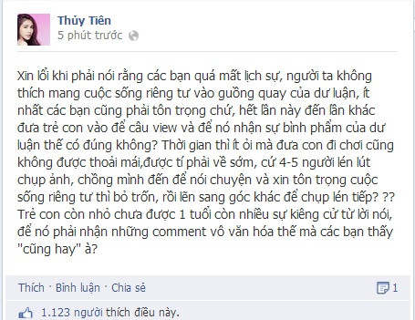 Dòng chia sẻ đầy bức xúc trên facebook của Thủy Tiên.