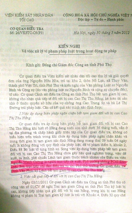 Thông báo của CQĐT VKSNDTC gửi cho GĐ Công an Phú Thọ về việc xử lí vi phạm pháp luật trong hoạt động tư pháp.