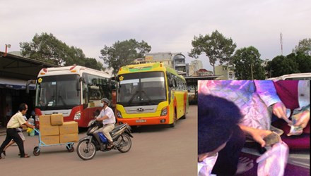 Bãi xe đón trả khách của Thành Bưởi trên đường Lê Hồng Phong - Quận 5 - TPHCM gần trụ sở Thanh tra GTVT (ảnh lớn). Xe hợp đồng, nhưng nhân viên thu tiền riêng từng khách (ảnh nhỏ).