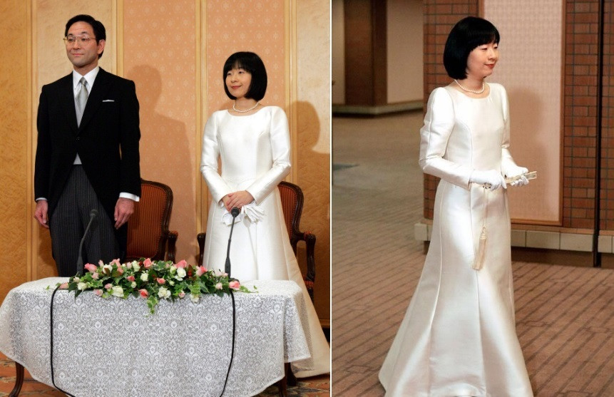 Trước đó 13 năm, Công chúa Nhật Bản Nori, con gái duy nhất của Thượng hoàng Akihito với Thái hậu Michiko, cũng rời hoàng thất để lấy chồng là thường dân. Bên cạnh bộ kimono truyền thống dùng để cử hành nghi lễ, bà lựa chọn thêm một chiếc váy cưới trắng trơn, dáng chữ A vô cùng đơn giản với một vòng ngọc trai.