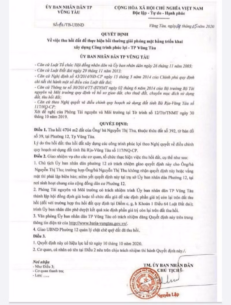 Phat hien van ban thu hoi dat gia chu ky Chu tich Vung Tau ​