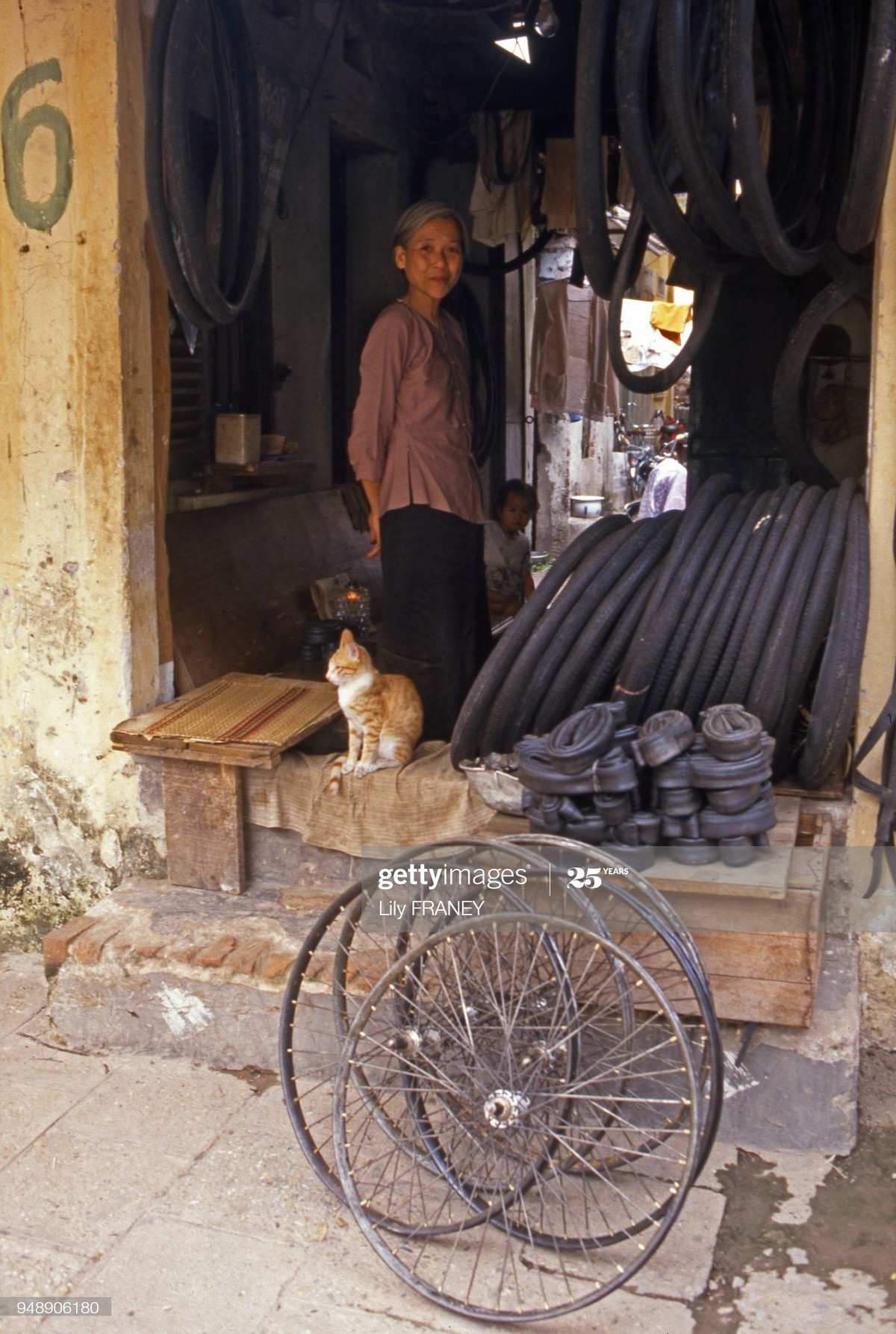 Bà cụ và con mèo ở cửa hàng săm xe đạp.