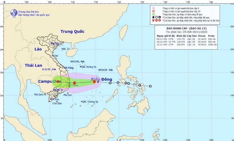 Bão số 12 hướng vào Phú Yên - Ninh Thuận, sức gió mạnh nhất vùng gần tâm bão giật cấp 11. (Nguồn: TTDBKTTVQG)