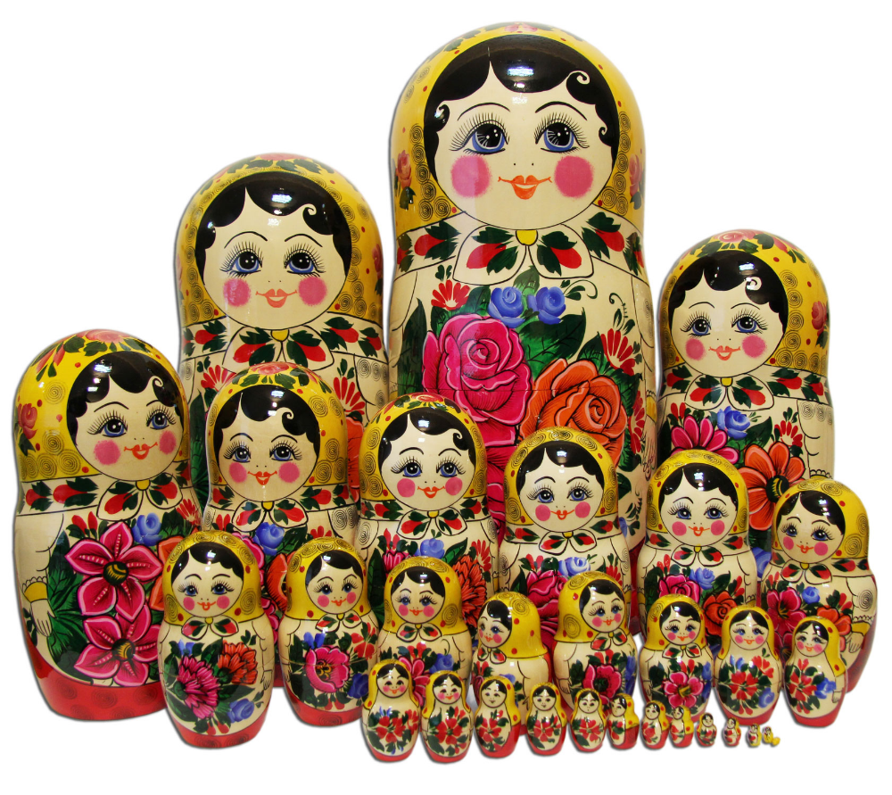 Nói đến búp bê Matryoshka nhiều người sẽ nghĩ ngay đến nước Nga. Đây là một bộ gồm nhiều búp bê rỗng ruột bằng gỗ có thể lồng vào nhau theo kích thước từ nhỏ đến lớn. Mặt ngoài búp bê được vẽ rất sinh động theo các mô típ văn hóa Nga.