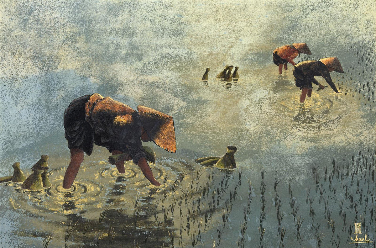 Gieo mạ. Tranh của Truong Van Thanh (Trường Mỹ nghệ thực hành Thủ Dầu Một - trường mỹ thuật đầu tiên thành lập ở Việt Nam) vẽ năm 1950. Tranh có chất liệu sơn mài trên gỗ, kích thước 40,5 x 61 cm. Ảnh: Lyndatrouve.com.