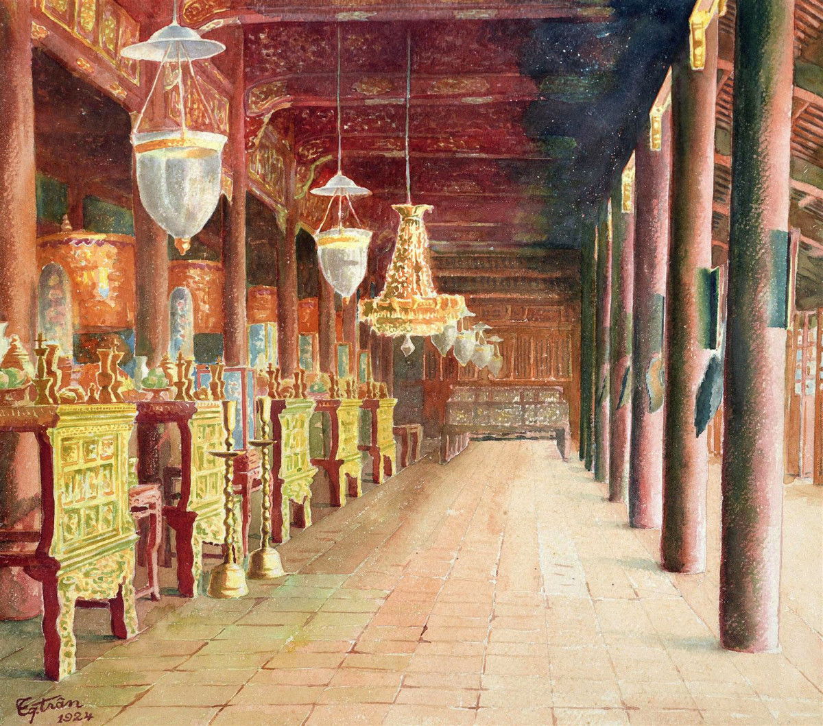 Nội thất cung điện ở Hoàng thành Huế. Tranh của Tran Quang Tran (1900-1969), trường Mỹ thuật Đông Dương, vẽ năm 1924 bằng chất liệu màu nước trên giấy, 28,5x33,5 cm. Ảnh: Drouotstatic.zonesecure.org.