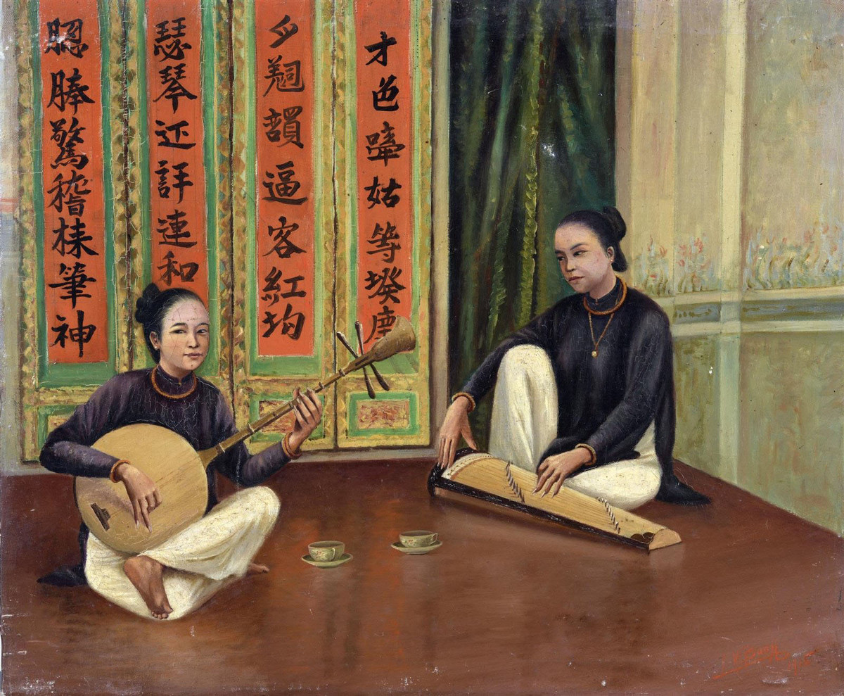 Các nữ nhạc công - một bức tranh tả thực khác của họa sĩ T. V. Buon. Tranh vẽ năm 1915 bằng chất liệu sơn dầu trên vải, cỡ 49,5x59,5 cm. Ảnh: Lyndatrouve.com.