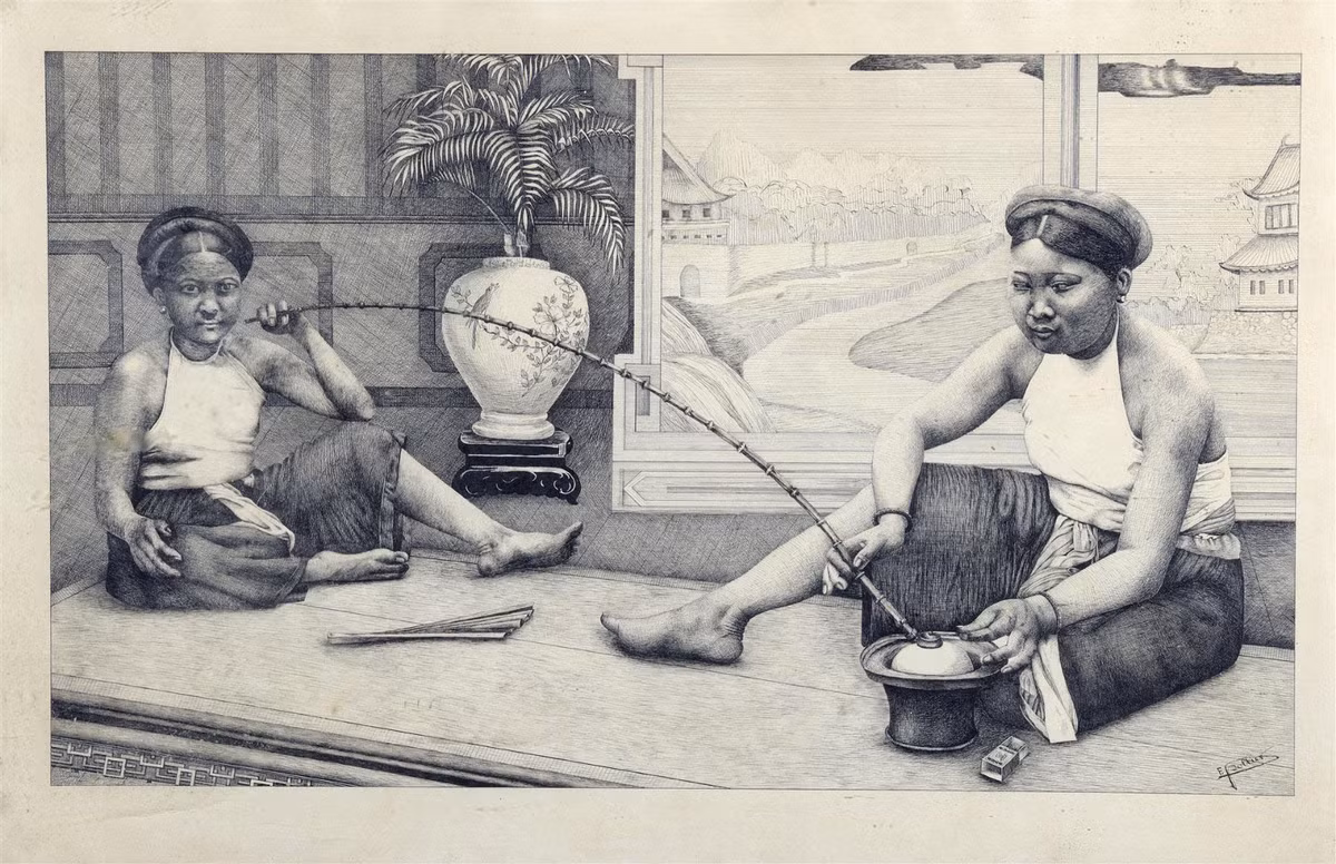 Hai phụ nữ hút thuốc. Ký họa than chì trên giấy, kích cỡ 51x78,5 cm, ký tên E. Pollier ở góc dưới bên phải. Ảnh: Lyndatrouve.com.