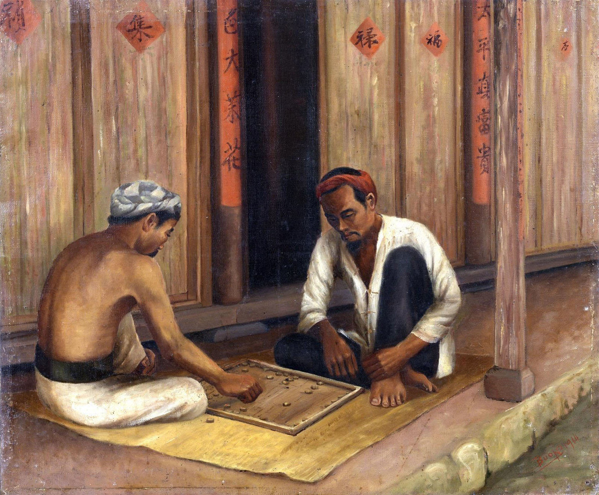 Những người chơi cờ, tranh của T. V. Buon, Trường Mỹ thuật Ứng dụng Gia Định. Bức tranh Việt Nam một thế kỷ trước này được vẽ năm 1914 bằng chất liệu sơn dầu trên vải, kích thước 50x59 cm. Ảnh: Drouotstatic.zonesecure.org.