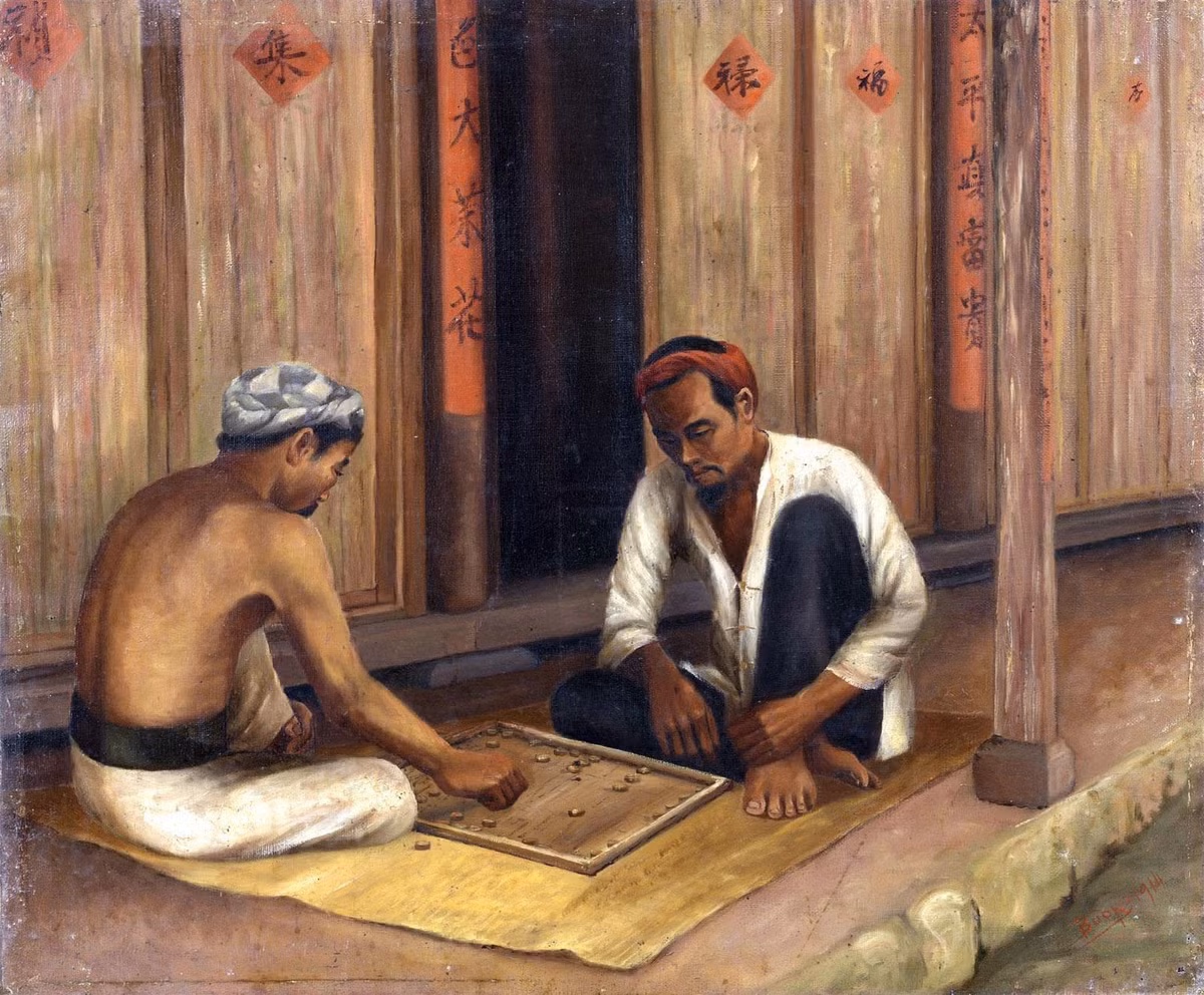 Những người chơi cờ, tranh của T. V. Buon, Trường Mỹ thuật Ứng dụng Gia Định. Bức tranh Việt Nam một thế kỷ trước này được vẽ năm 1914 bằng chất liệu sơn dầu trên vải, kích thước 50x59 cm. Ảnh: Drouotstatic.zonesecure.org.