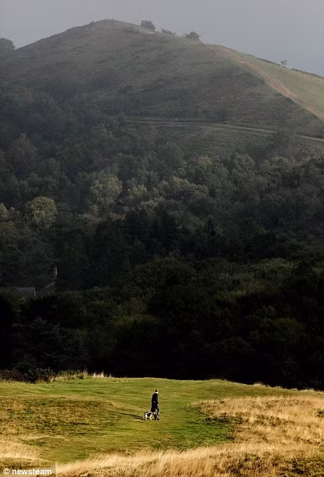 Người đàn ông dắt chó cưng đi dạo trên đồi Malvern trong một buổi sáng mùa thu tuyệt đẹp.