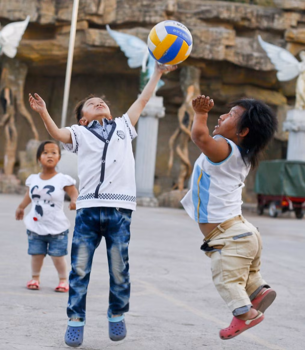 Hai cư dân vương quốc người lùn chơi bóng chuyền.