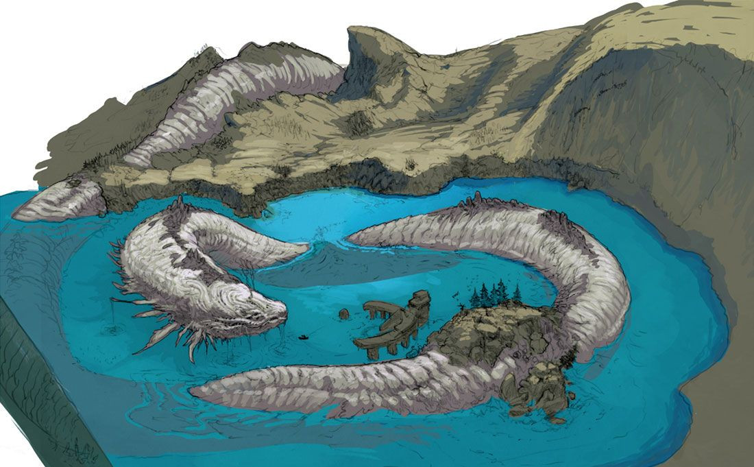  3. Rắn Jörmungandr và biển cả. Jörmungandr sống trong biển cả. Nó được coi là biểu tượng của sự hủy diệt và sự chuyển động không ngừng của biển cả, là một phần của sức mạnh hỗn loạn của tự nhiên. Ảnh: Pinterest.