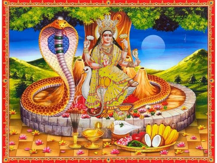  8. Naga là đối tượng tôn thờ trong nhiều nghi lễ. Naga được tôn thờ trong một số nghi lễ Naga Panchami, diễn ra vào ngày thứ năm của tháng Shravan (theo lịch Hindu), khi người dân thờ cúng các hình ảnh hoặc tượng Naga để cầu nguyện cho sự bảo vệ và thịnh vượng. Ảnh: Pinterest.