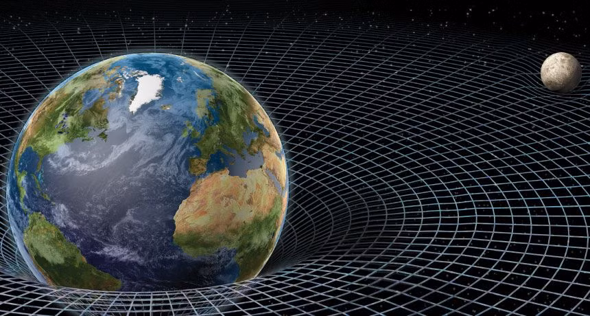  1. Không-thời gian cong. Theo Einstein, vật chất và năng lượng làm cong không-thời gian xung quanh chúng. Vật thể chuyển động trong không-thời gian này sẽ bị ảnh hưởng bởi sự cong, dẫn đến quỹ đạo mà chúng ta gọi là kết quả của "lực hấp dẫn". Ảnh: Pinterest.