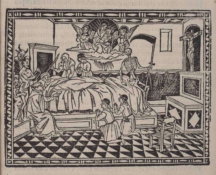  4. Minh họa bằng hình khắc gỗ. Phiên bản ngắn của Ars Moriendi sử dụng hình khắc gỗ để minh họa các cám dỗ và cách vượt qua, giúp nội dung được truyền đạt một cách trực quan. Ảnh: Pinterest.