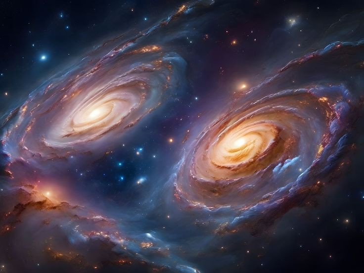  Sẽ hợp nhất với Thiên hà Tiên Nữ (Andromeda): Trong khoảng 4-5 tỷ năm tới, Dải Ngân Hà sẽ va chạm và hợp nhất với Andromeda, tạo thành một siêu thiên hà mới. Ảnh: Pinterest.