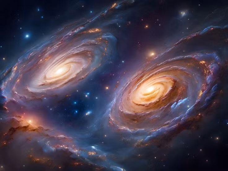  Sẽ hợp nhất với Thiên hà Tiên Nữ (Andromeda): Trong khoảng 4-5 tỷ năm tới, Dải Ngân Hà sẽ va chạm và hợp nhất với Andromeda, tạo thành một siêu thiên hà mới. Ảnh: Pinterest.