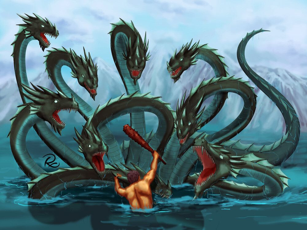  1. Hydra có nhiều đầu. Hydra là một quái vật rắn nhiều đầu nổi tiếng trong thần thoại Hy Lạp Mỗi khi một đầu của Hydra bị cắt đi, đầu mới sẽ mọc lên thay thế, khiến việc tiêu diệt nó trở thành một nhiệm vụ cực kỳ khó khăn. Ảnh: Pinterest.